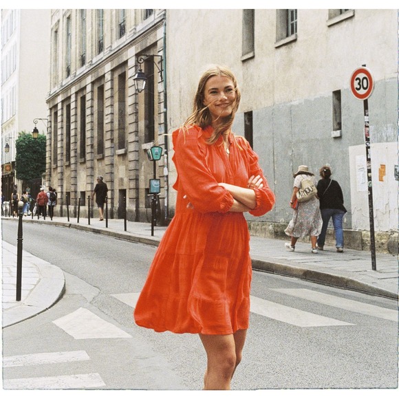 Anthropologie Amadi Rossi Dress Size Large Red Orange Ruffles Gauzy Lightweight - Picture 4 of 16